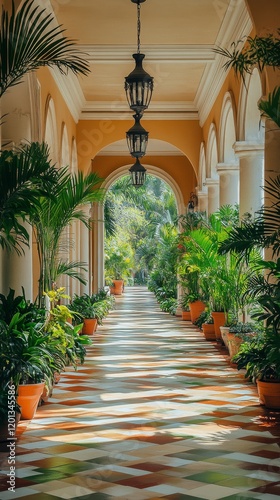 Lush green indoor corridor with sunlight filtering through in a tropical setting