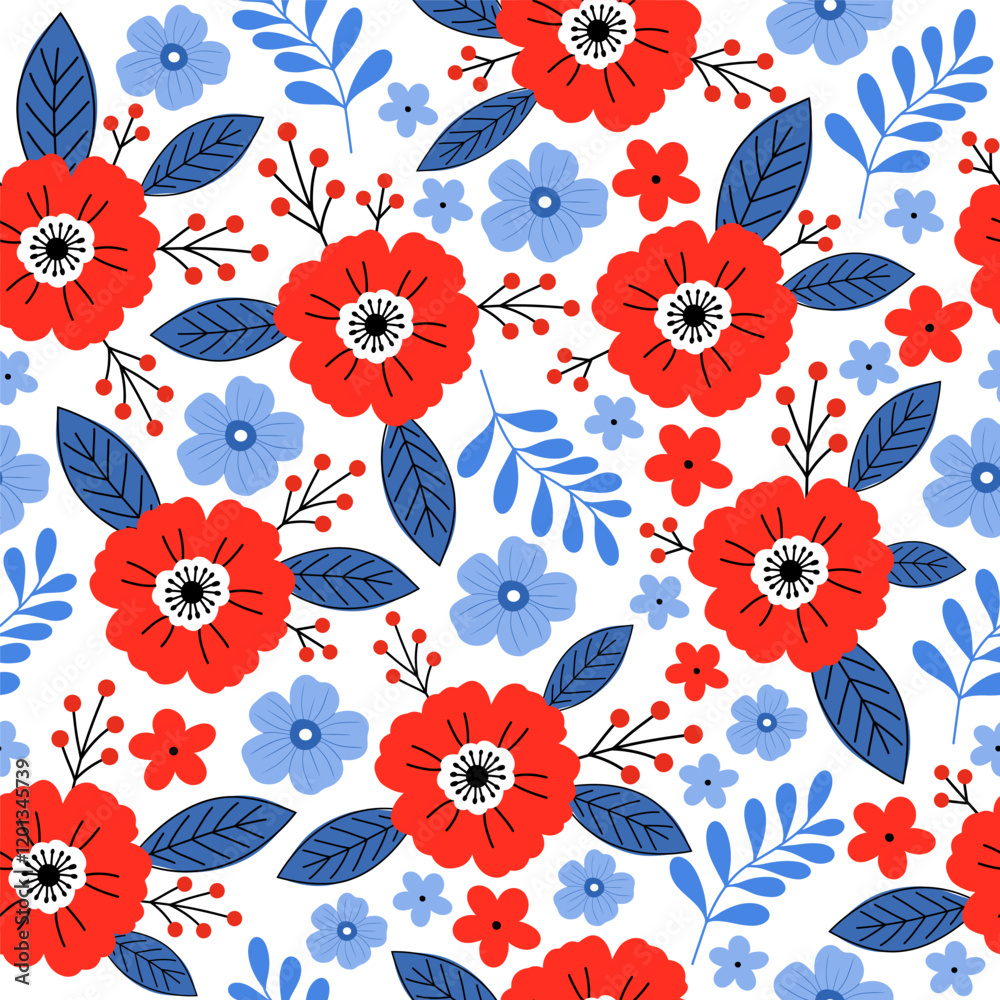 Seamless pattern with red and blue flowers on white background. Cute hand drawn floral pattern for your fabric, summer background, wallpaper, backdrop, textile. Vector illustration Seamless pattern with red and blue flowers on white background. Cute hand drawn floral pattern for your fabric, summer background, wallpaper, backdrop, textile. Vector illustration