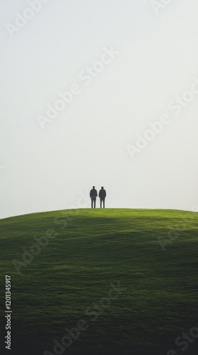 Couple walks hand in hand across a grassy hill at sunset with distant mountai...
