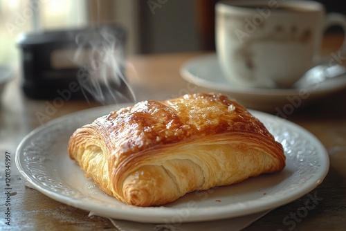 Freshly baked pastry with steam rising on a cozy table next to a cup of coffe...