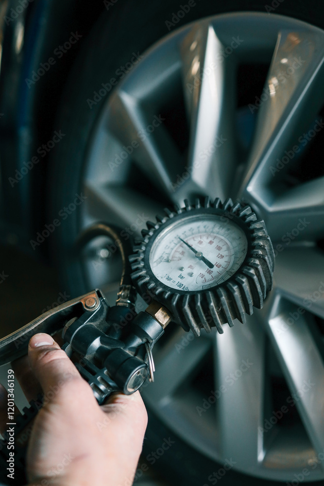 A mechanic checks tire pressure with a gauge during routine car maintenance in a garage. Focus on the wheel and the instrument ensuring optimal vehicle safety and performance A mechanic checks tire pressure with a gauge during routine car maintenance in a garage. Focus on the wheel and the instrument ensuring optimal vehicle safety and performance