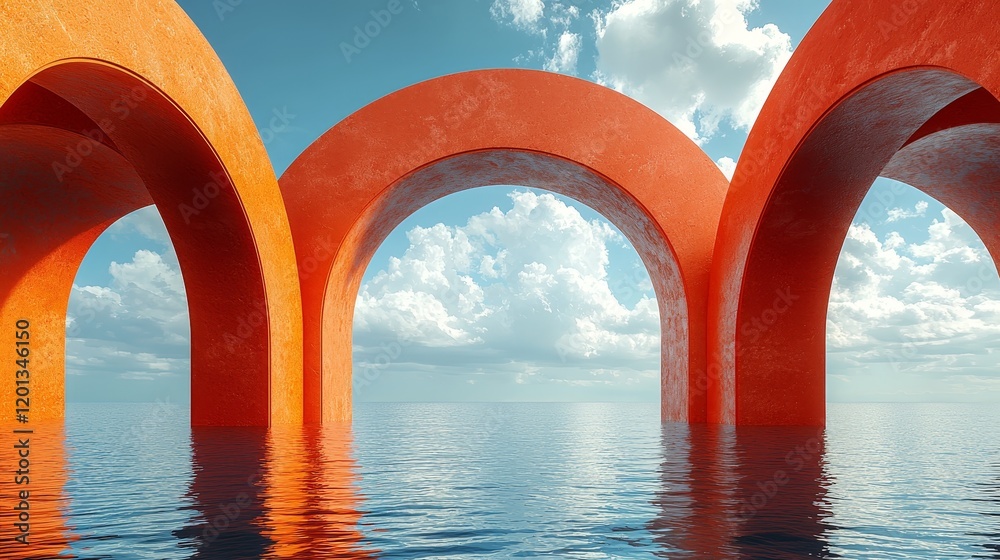 In this 3d render, a surreal seascape is portrayed, with red arches and white clouds floating in a blue sky, all set against a modern minimalistic abstract backdrop with simple geometric shapes and In this 3d render, a surreal seascape is portrayed, with red arches and white clouds floating in a blue sky, all set against a modern minimalistic abstract backdrop with simple geometric shapes and