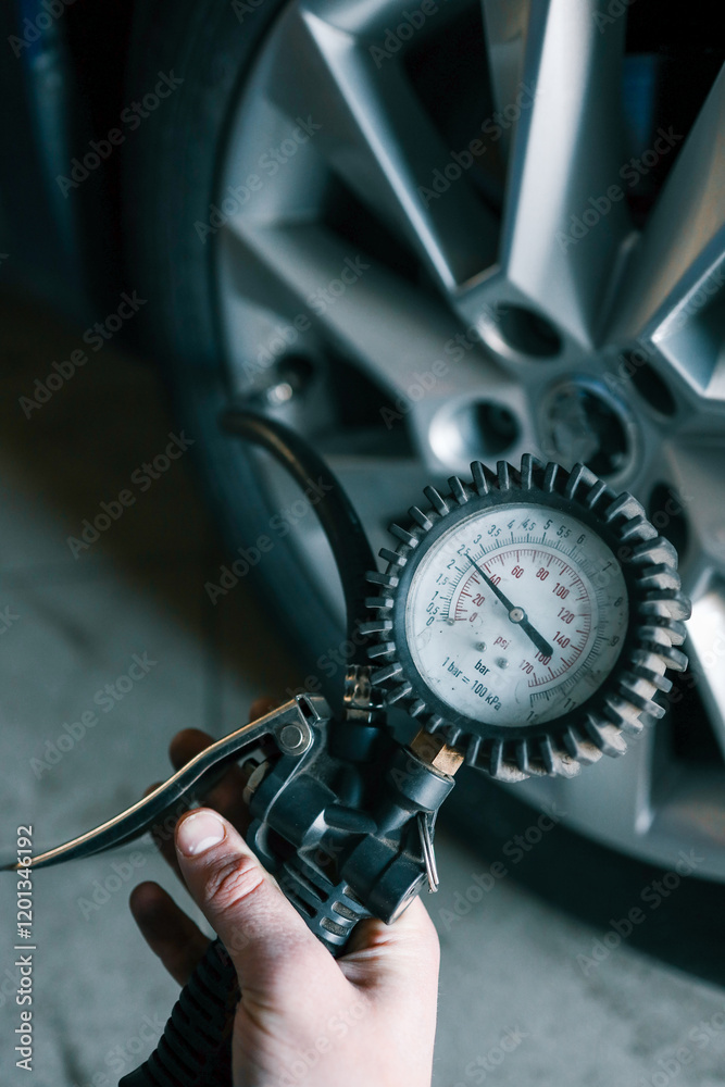 A mechanic checks tire pressure with a gauge during routine car maintenance in a garage. Focus on the wheel and the instrument ensuring optimal vehicle safety and performance A mechanic checks tire pressure with a gauge during routine car maintenance in a garage. Focus on the wheel and the instrument ensuring optimal vehicle safety and performance