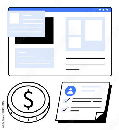 Web interface layout with coin, checklist documents, and task progress indicators. Ideal for finance tracking, budgeting tools, project planning, payment systems, productivity, online forms abstract
