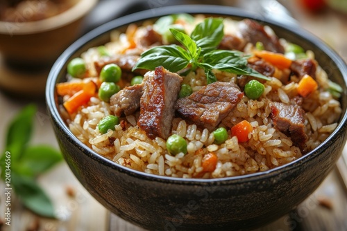 Savory rice dish with vegetables and meat in a bowl garnished with fresh herbs