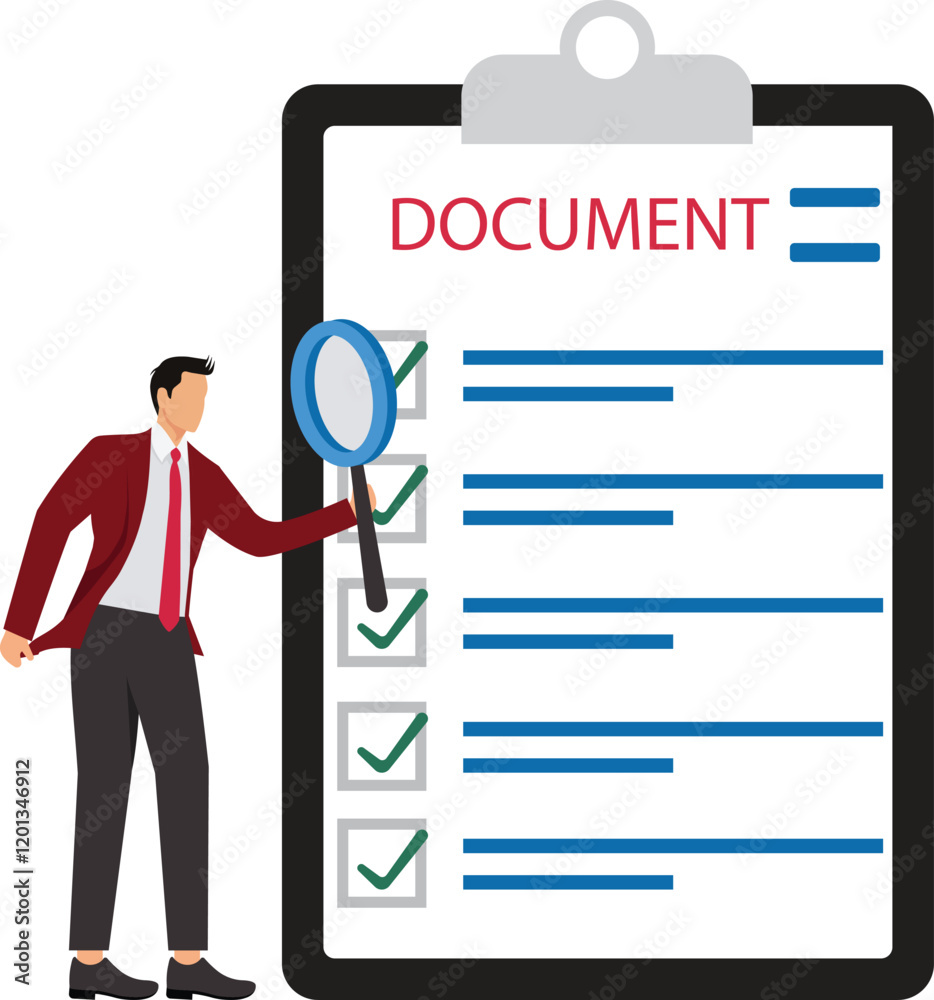 Inspect or review document, report or legal audit, quality assurance, search for document, information or research, investigate, proof or checking concept, businessman with magnifier inspect document Inspect or review document, report or legal audit, quality assurance, search for document, information or research, investigate, proof or checking concept, businessman with magnifier inspect document