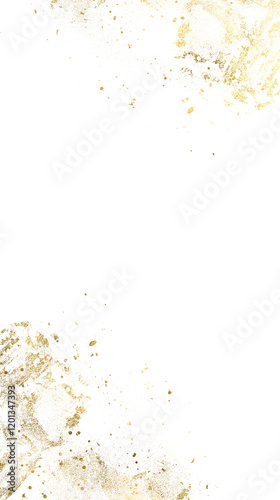 Pieces of gold foil on a transparent background. Gold glitter edging made of luxurious gold abstract foil with gold glitter for celebration and wedding.Vertical glowing golden particles in Png format.