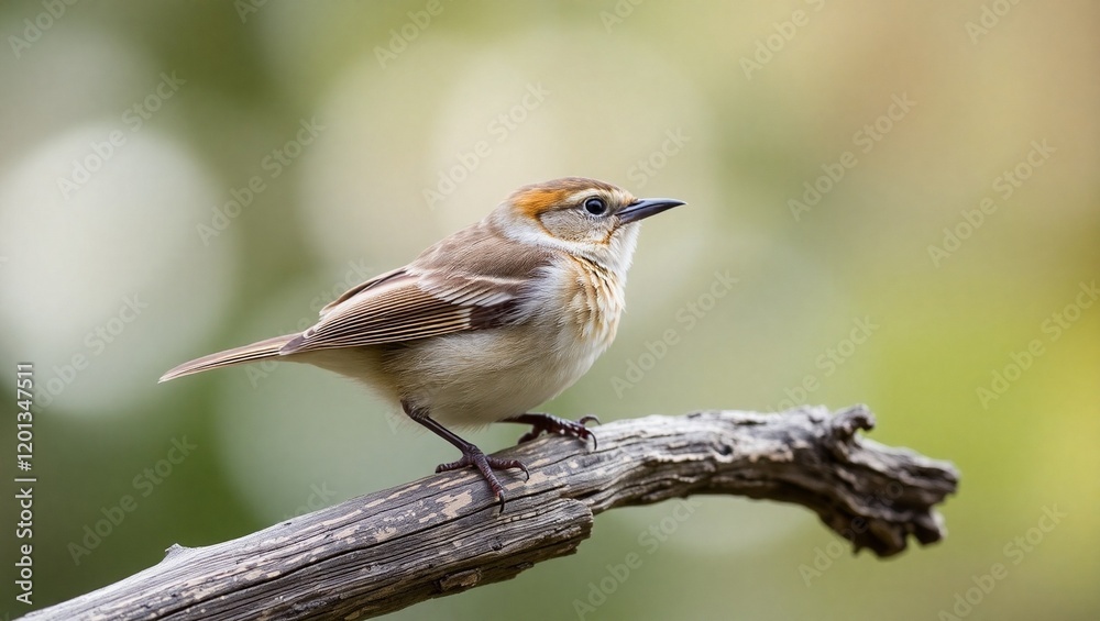 Fototapeta premium small bird, rustic perch, detailed feathers, soft brown tones, sharp beak, bright eye, bokeh background, nature photography, wildlife portrait, shallow depth of field, sparrow-like bird, textured wood