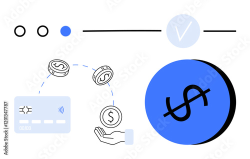 Hand receiving coins from credit card via contactless payment. Ideal for finance, banking, digital payments, e-commerce, mobile transactions, online shopping, cryptocurrency. Line metaphor