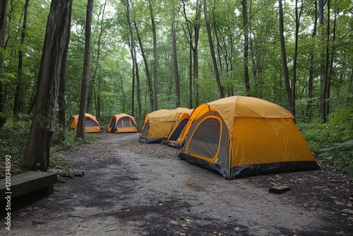 Camping setup amidst tall trees in a serene woodland area during daylight