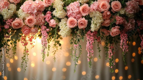 Elegant Floral Backdrop with Soft Pink Roses and Lush Hydrangeas for Events and Celebrations with Fairy Lights