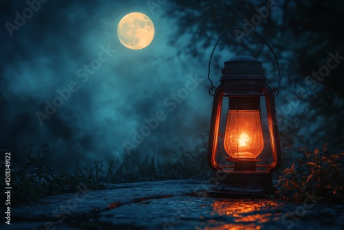 Lantern illuminates a pathway under a bright moon in a serene night landscape