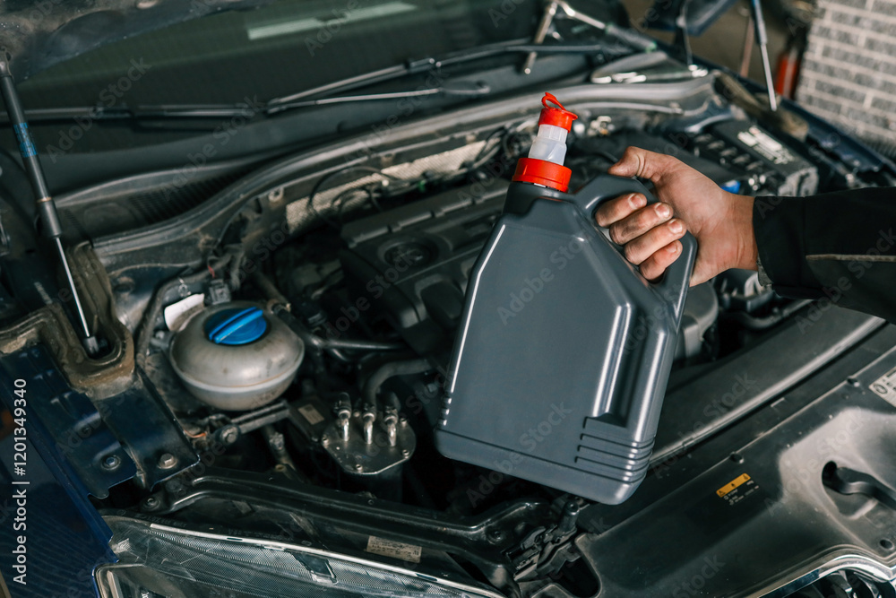 Close-up of a mechanic holding a bottle of motor oil and an oil dipstick, performing an oil change in a vehicle. Highlights car maintenance and servicing tasks Close-up of a mechanic holding a bottle of motor oil and an oil dipstick, performing an oil change in a vehicle. Highlights car maintenance and servicing tasks