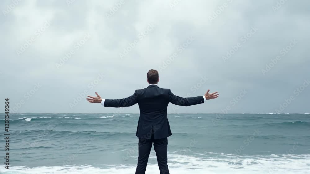 Ocean's Embrace: A businessman stands on a windswept beach, arms outstretched, gazing out at a turbulent ocean, symbolizing resilience and facing challenges head-on. Ocean's Embrace: A businessman stands on a windswept beach, arms outstretched, gazing out at a turbulent ocean, symbolizing resilience and facing challenges head-on.
