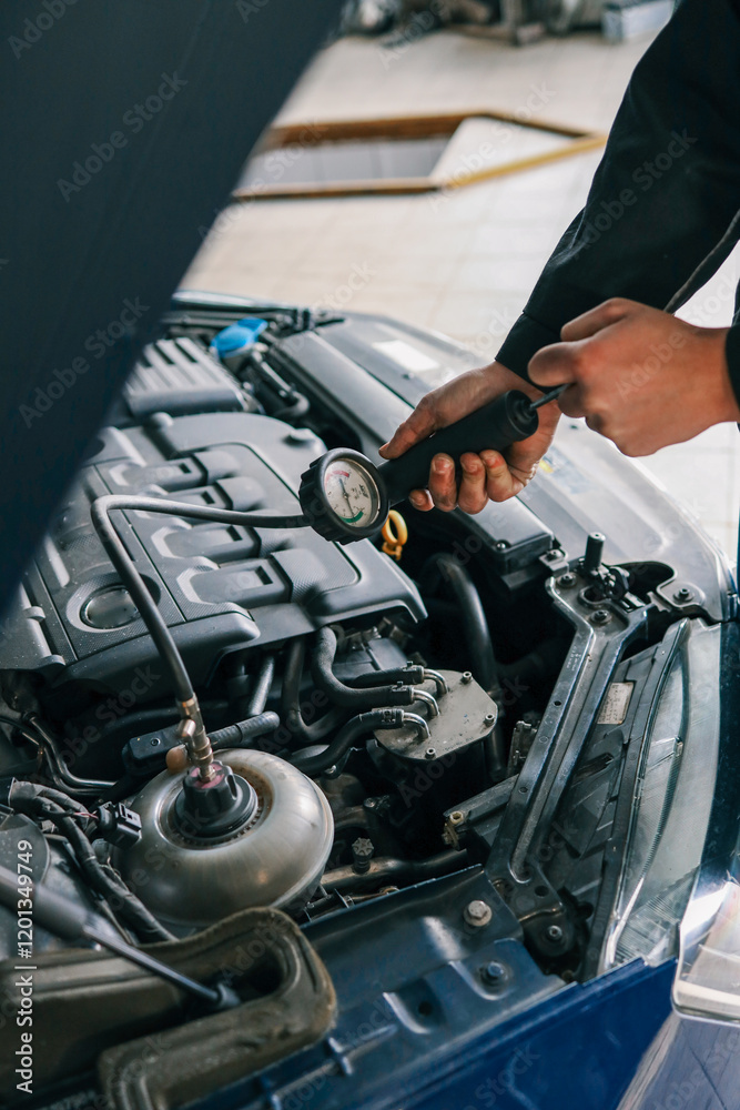 Fototapeta premium Mechanic using a pressure gauge to test and diagnose the engine system of a car in a workshop. Open hood reveals components and testing equipment