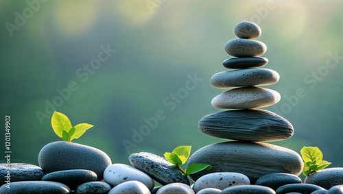 Zen stone stacks with green leaves and bamboo evoke nature's harmony and balance