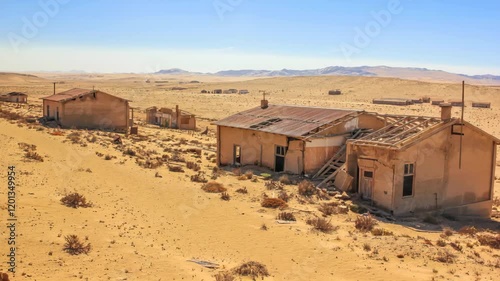 Kolmanskop, ghost towns in the area of the diamond mines, South Namibia, esterior of a house. Crumbling buildings stand as remnants of a bygone era in arid namibian deser. REAL PHOTO animated by AI