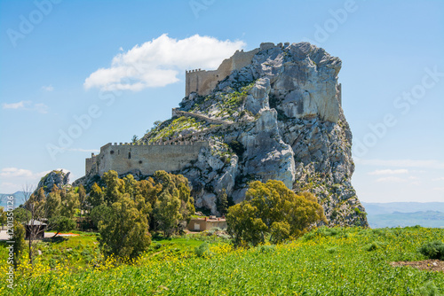 The castle of Mussomeli is a fortress built between the fourteenth and fifteenth centuries, in spring. Caltanissetta, Sicily, Italy.