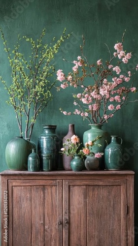Colorful assortment of flowers in various vases against a textured green back...