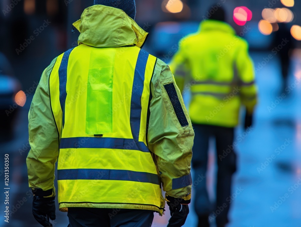 Two people wearing reflective yellow jackets on a city street at night are visible Two people wearing reflective yellow jackets on a city street at night are visible