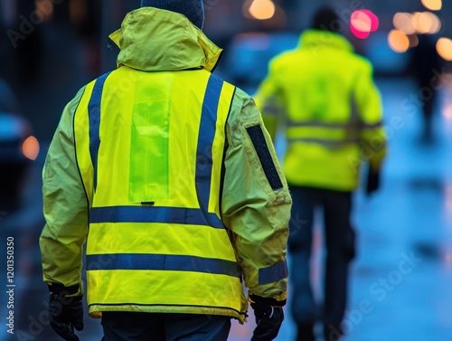 Two people wearing reflective yellow jackets on a city street at night are visible