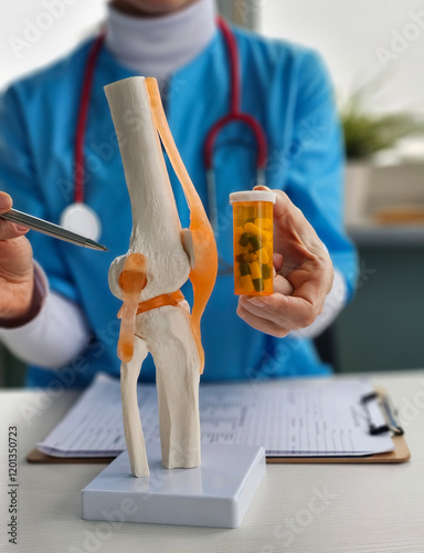 Doctor offers pills for patient knee joints during consultation. Woman optimizes patient knee joint photo