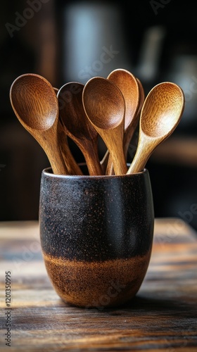 Wooden spoons arranged in a speckled mug on a wooden countertop in a cozy kit...