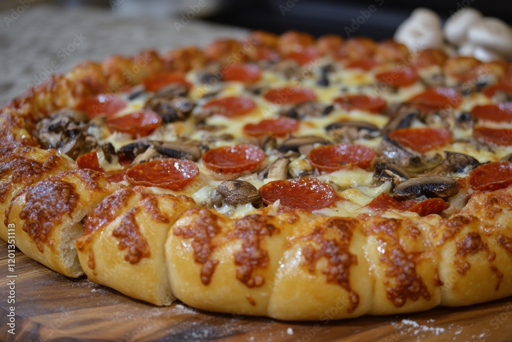 Delicious pepperoni and mushroom pizza with cheesy crust served on wooden board Delicious pepperoni and mushroom pizza with cheesy crust served on wooden board