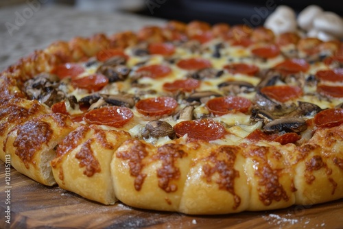 Delicious pepperoni and mushroom pizza with cheesy crust served on wooden board