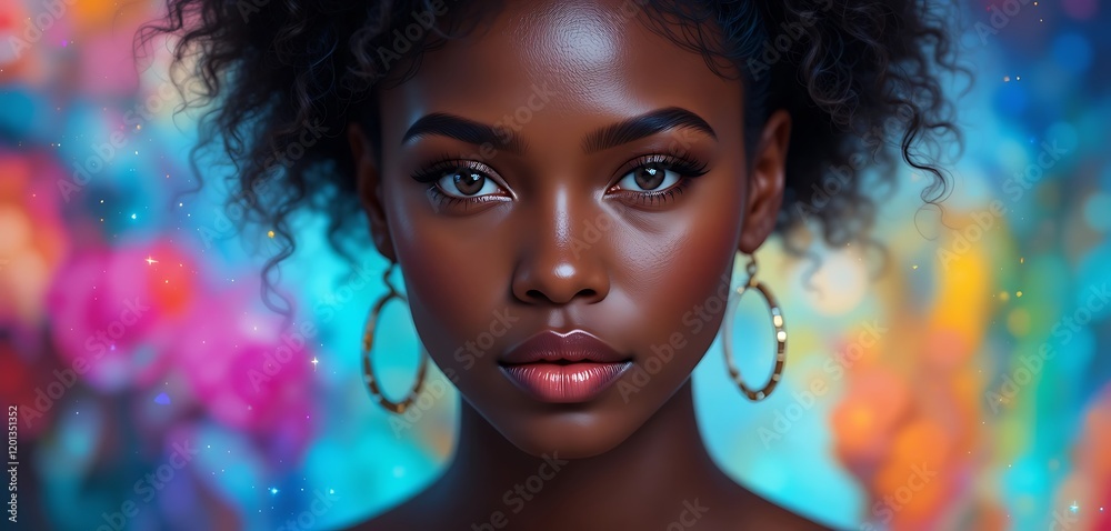 Obraz premium Stunning portrait of a beautiful Black woman with curly hair, wearing gold hoop earrings, against a vibrant colorful bokeh background