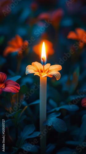 Candle glowing softly amidst blooming flowers in a serene garden at dusk