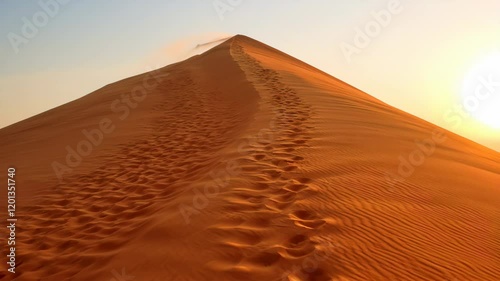 Footprints of man going up to the top of the famous dune quarantacinque.Namib Desert, Namibia. Namib- Naukluft National Park, Namibia, Africa. REAL PHOTO animated by AI