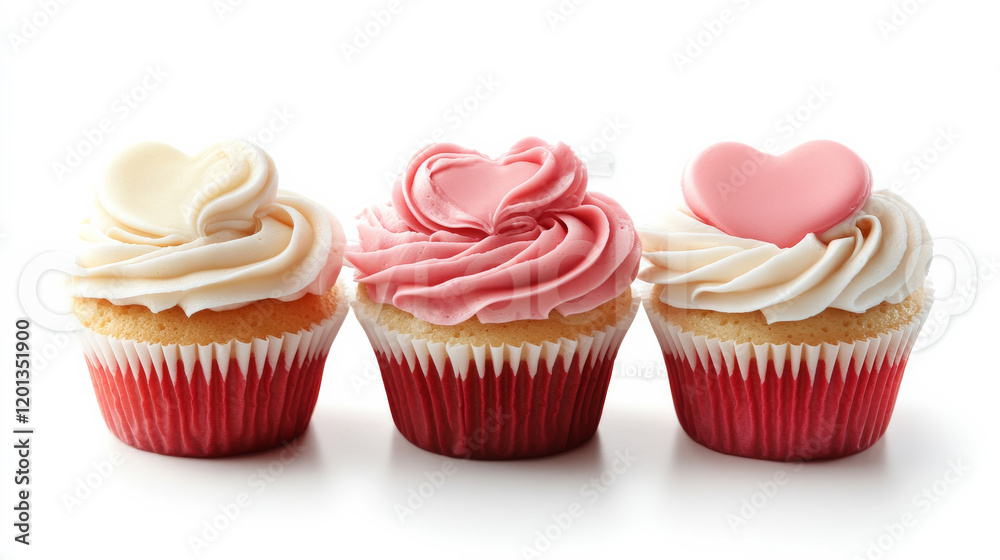 A trio of heart-shaped cupcakes with creamy swirled frosting in shades of pink, white, and red, isolated on white A trio of heart-shaped cupcakes with creamy swirled frosting in shades of pink, white, and red, isolated on white