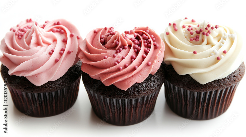 A trio of heart-shaped cupcakes with creamy swirled frosting in shades of pink, white, and red, isolated on white A trio of heart-shaped cupcakes with creamy swirled frosting in shades of pink, white, and red, isolated on white