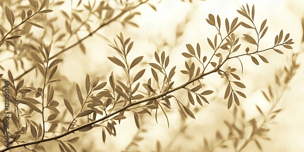 Naklejka premium Branches with delicate leaves create a soft silhouette against a warm background in a natural setting