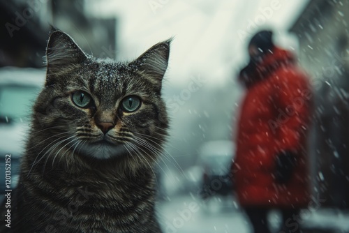 Close-up of a tabby cat with striking eyes in a soft outdoor light with a blu...