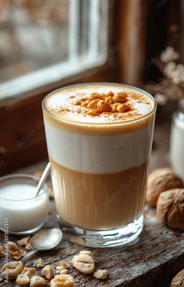Brandy Alexander, an alcoholic cocktail featuring cognac, cocoa liquor, cream, nutmeg, and ice, on a light beige background with hard light and shadow patterns Brandy Alexander, an alcoholic cocktail featuring cognac, cocoa liquor, cream, nutmeg, and ice, on a light beige background with hard light and shadow patterns