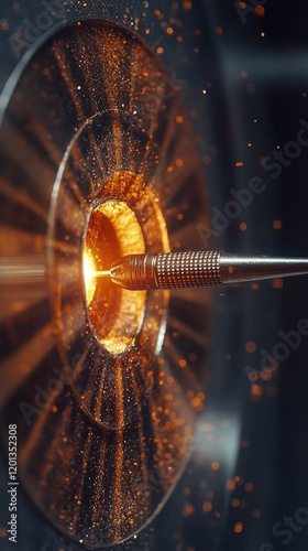 Precision dart striking the bullseye in a dimly lit game room during an eveni...