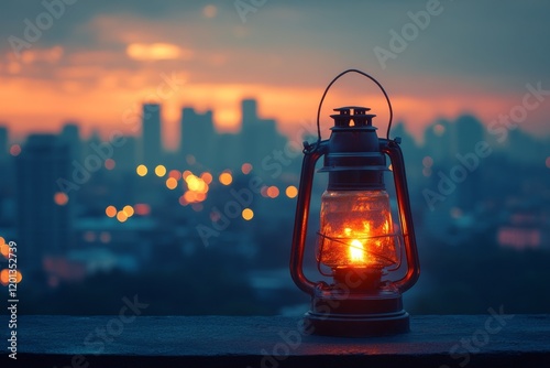 City skyline illuminated by lantern light during twilight on a cloudy evening