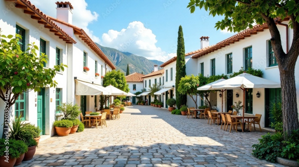 Sun-Drenched Mediterranean Courtyard with Cobblestone Pavement, Outdoor Seating, and Whitewashed Buildings Sun-Drenched Mediterranean Courtyard with Cobblestone Pavement, Outdoor Seating, and Whitewashed Buildings