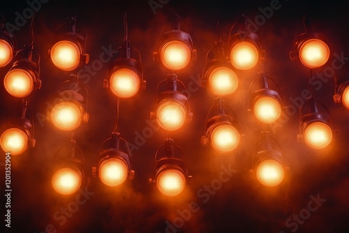 Vibrant stage lights illuminate a performance area with dramatic color and at...