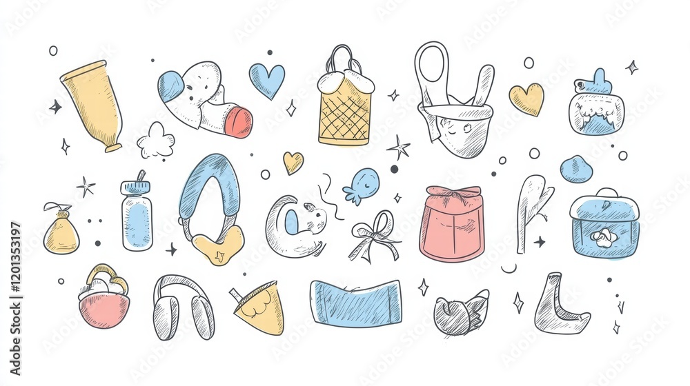Collection of hand drawn colorful designs featuring various everyday items and playful elements on a white background. Generative AI