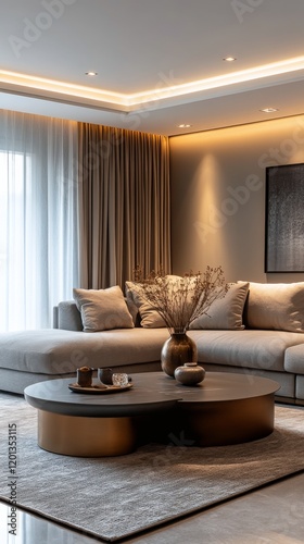 Elegant modern living room with soft lighting and stylish decor showcasing a ...