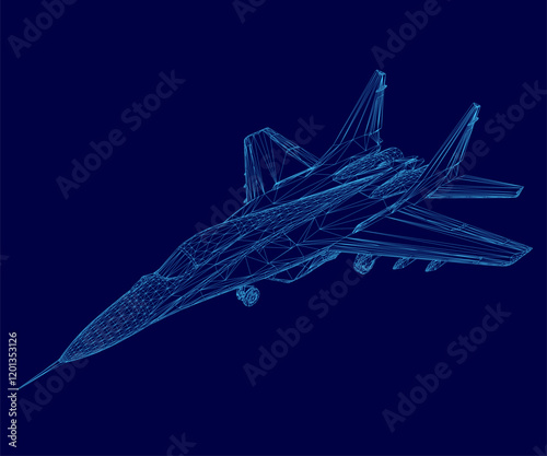 Blue jet is flying in the sky. The jet is a fighter jet and is in the air