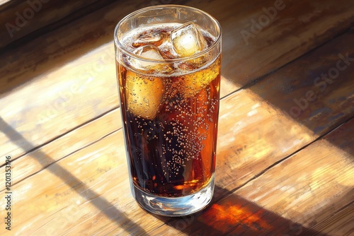 Refreshing cold drink in a glass with bubbles on a wooden table during bright...