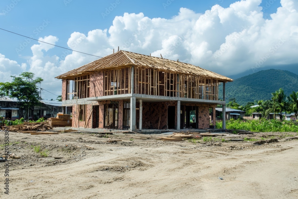 Building site with house under construction, Generative AI Building site with house under construction, Generative AI