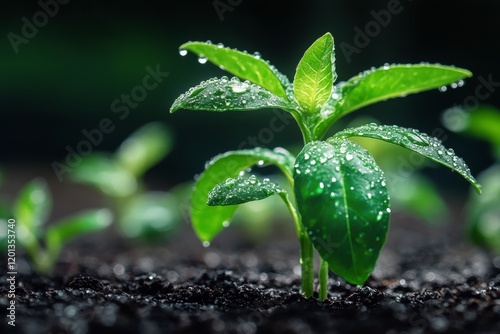 Lush green plant with droplets glistening under soft light in a serene indoor...