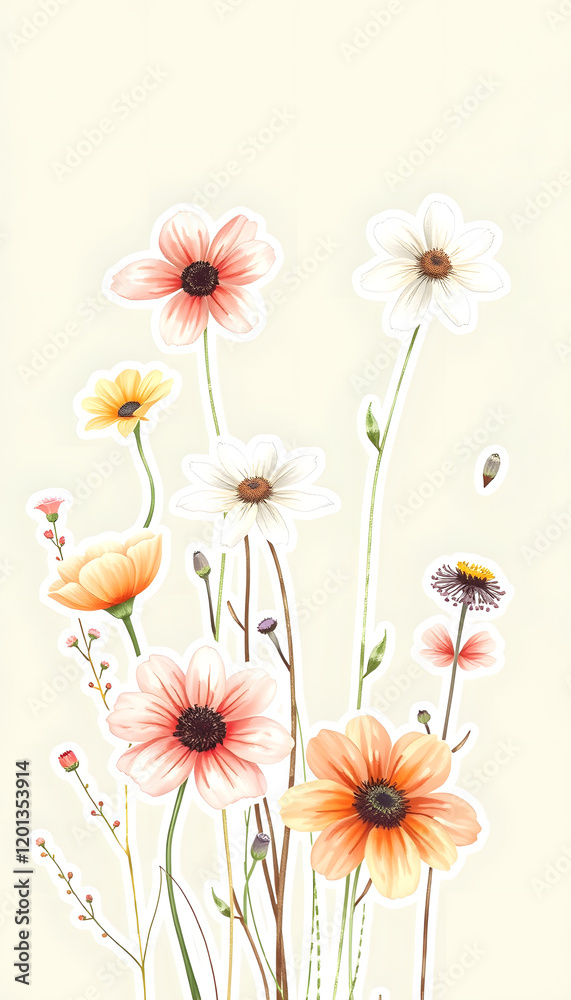 Obraz premium Beautiful floral set with watercolor hand drawn summer wild field flowers. Stock illustration. Clip art, sticker style, with white tones