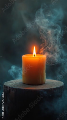 Warm candle flame emits gentle smoke at sunset over a rustic wooden table