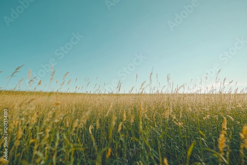 Golden grass sways gently under bright blue sky in open field during sunlight...